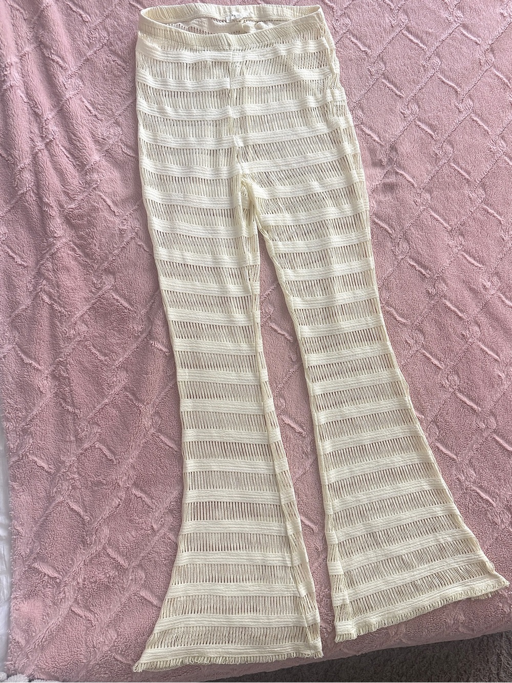 Cream Crochet Knit Flared Pants